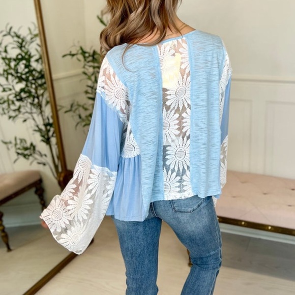 Pol V- neck, Floral Lace Sleeve Top - Picture 3 of 4